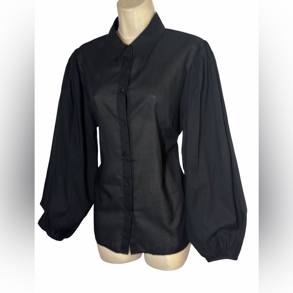 Banana Republic Cotton Voile Black Women's  Shirt Plated Balloon Sleeve L NEW - Picture 4 of 16